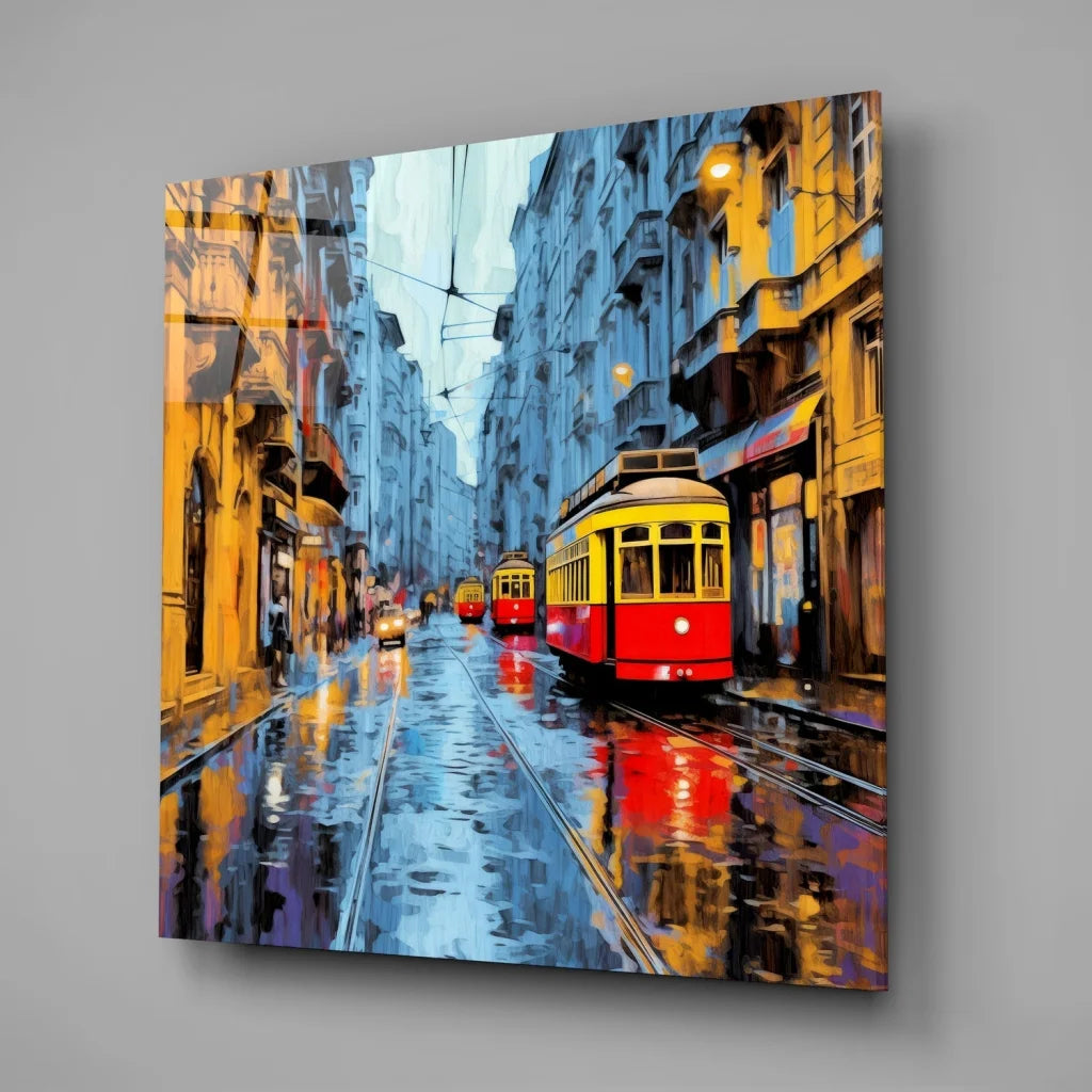 Vibrant red yellow trams on rain-slicked street in tempered glass art