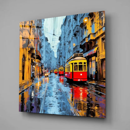 Vibrant red yellow trams on rain-slicked street in tempered glass art