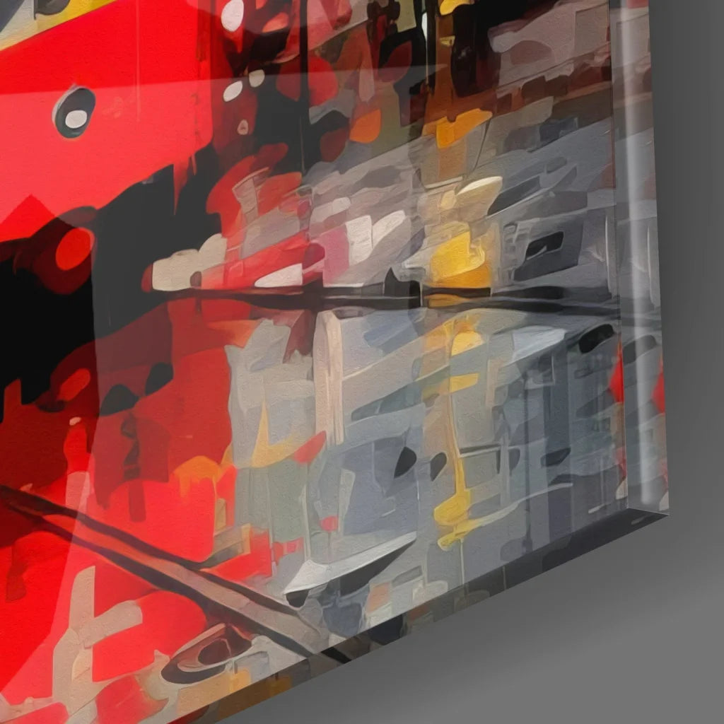 Vibrant city street tempered glass art with bold abstract red brushstrokes