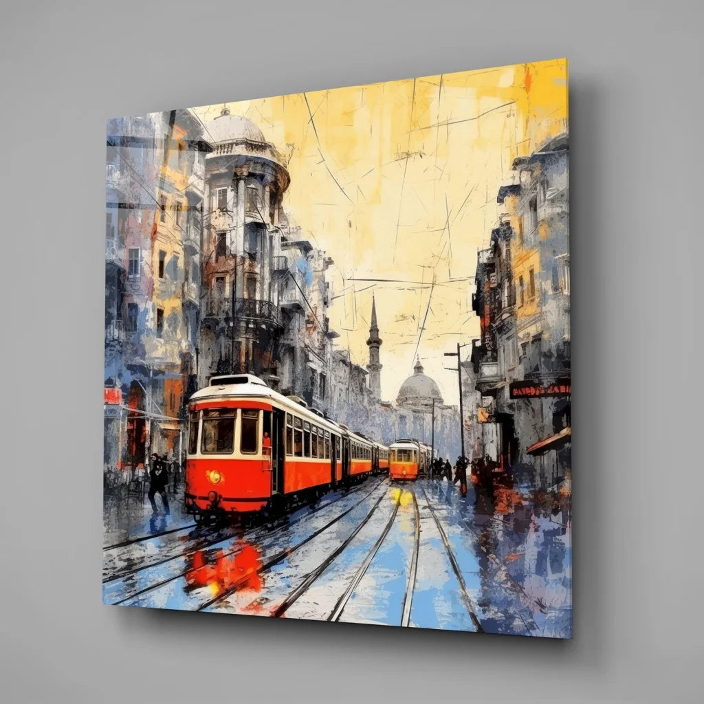 Stunning Istiklal Street tram in vibrant red and white on tempered glass art