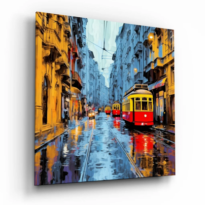 Vibrant yellow and red vintage tram in stylized urban street scene on tempered glass art