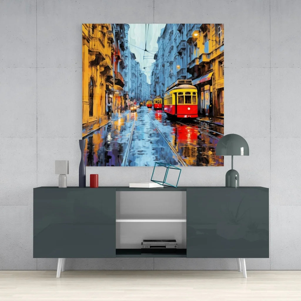 Vibrant yellow red tram painting on tempered glass art