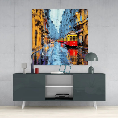 Vibrant yellow red tram painting on tempered glass art