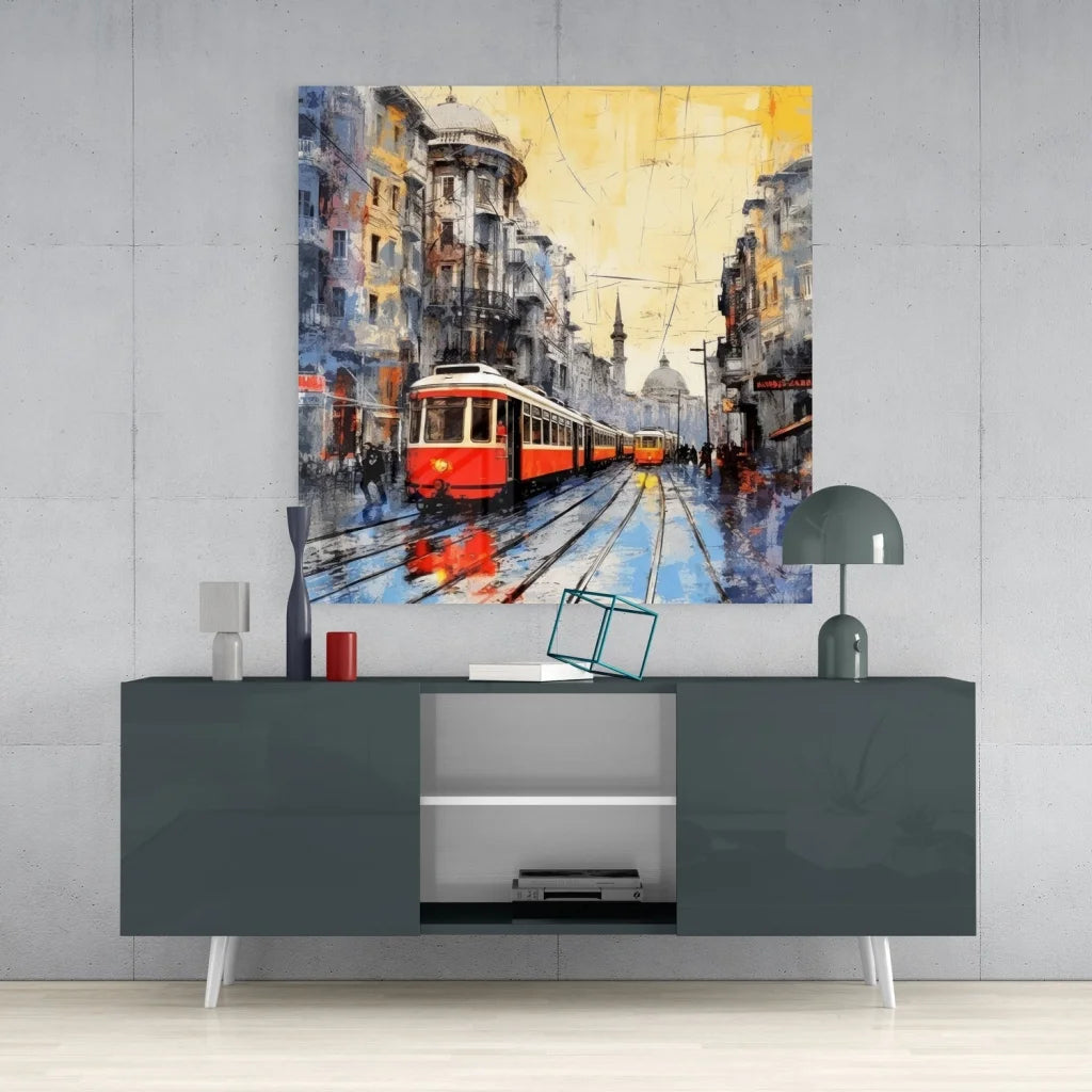 Vibrant red tram on wet Istiklal Street in tempered glass art