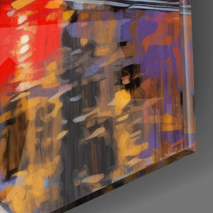 Vibrant tram street scene in abstract red, purple, gold on tempered glass art