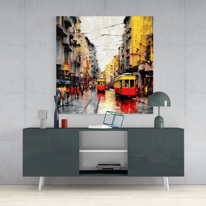 Vibrant tempered glass art of abstract city trams on wet streets