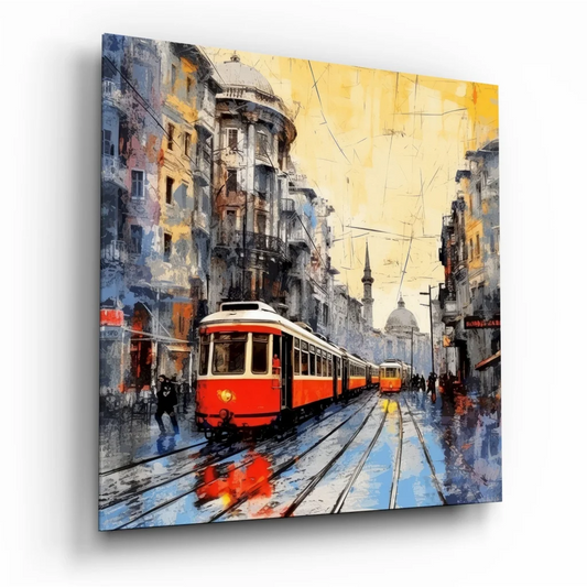 Vibrant red tram on wet Istiklal Street in tempered glass art