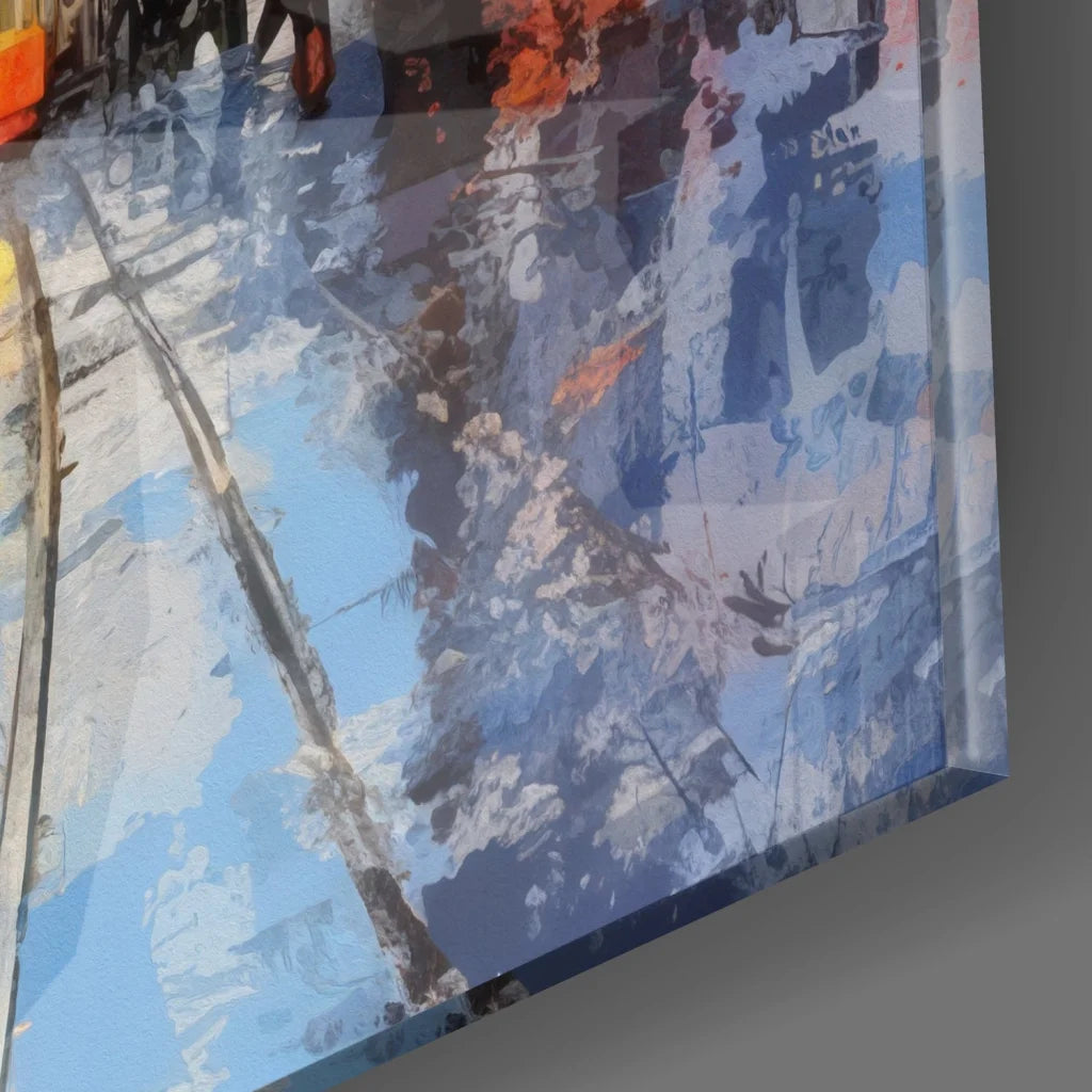 Stunning Istiklal Street tram glass art in blue-white abstract with orange splashes on gray wall