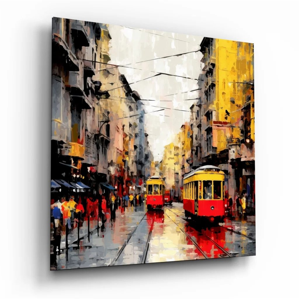 Vibrant abstract rainy city street tempered glass art with bold red trams