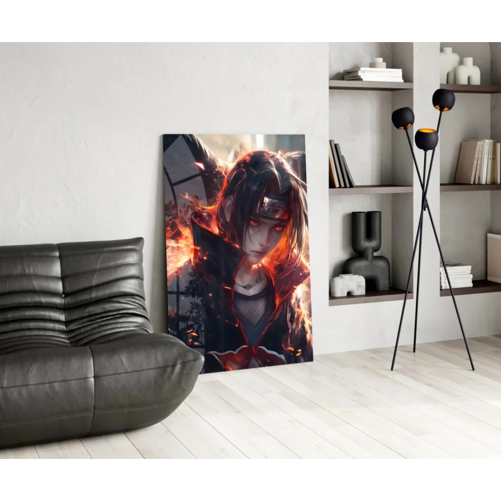 Itachi Uchiha fiery flames glass wall art canvas print