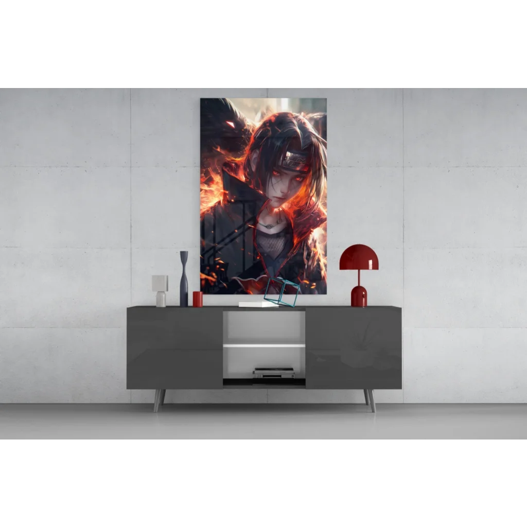 Itachi Uchiha fiery flames glass wall art canvas print on gray table
