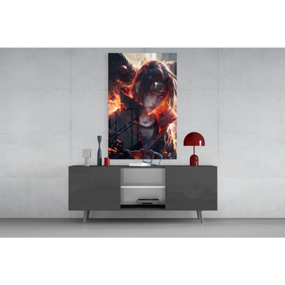 Itachi Uchiha fiery flames glass wall art canvas print on gray table