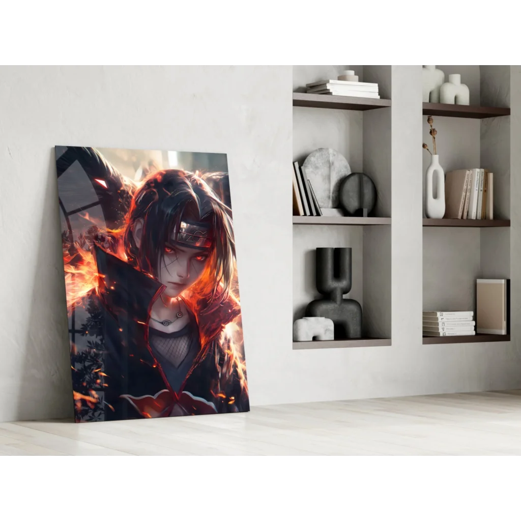 Itachi Uchiha fiery flames glass wall art canvas print