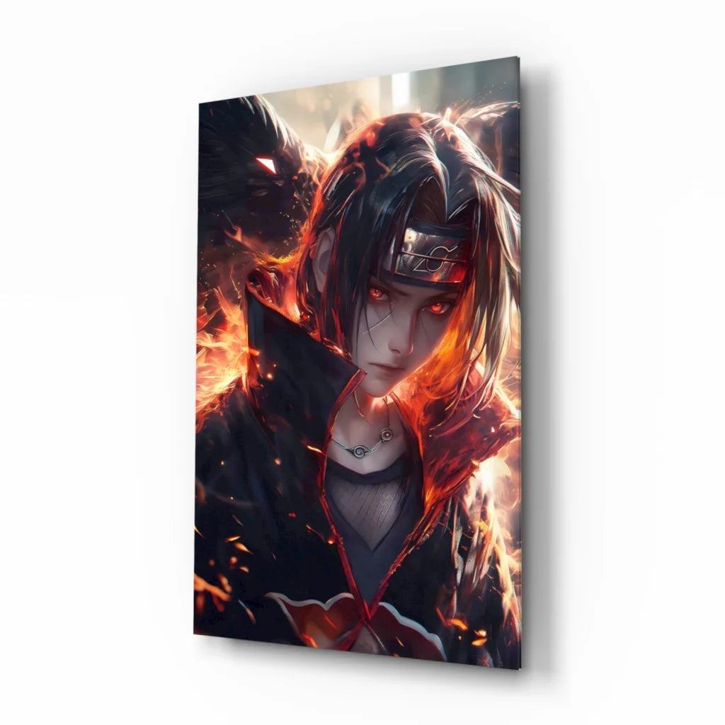 Fiery Itachi Uchiha glass wall art with flames on canvas print