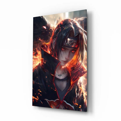 Fiery Itachi Uchiha glass wall art with flames on canvas print