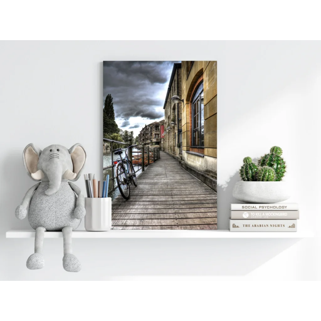 Vintage bicycle boardwalk on Insigne Aluminum Prints under cloudy skies
