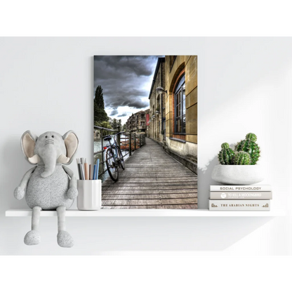 Vintage bicycle boardwalk on Insigne Aluminum Prints under cloudy skies