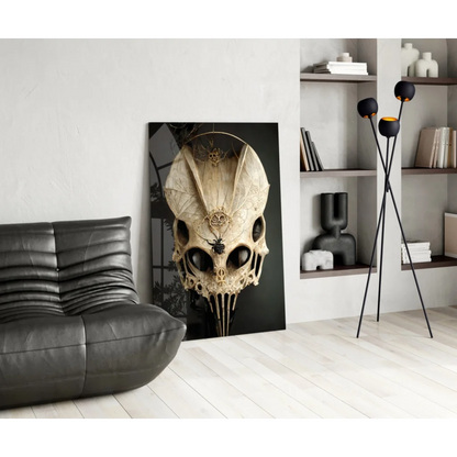 Stunning beige and gold ornate skull glass wall art on black background