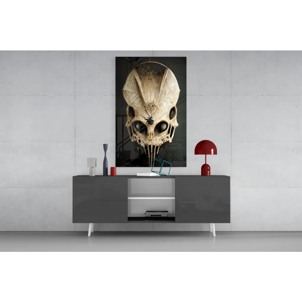 Ornate black-and-white skull glass wall art with gold details and spider