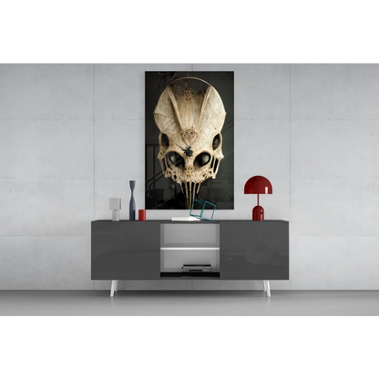 Ornate black-and-white skull glass wall art with gold details and spider