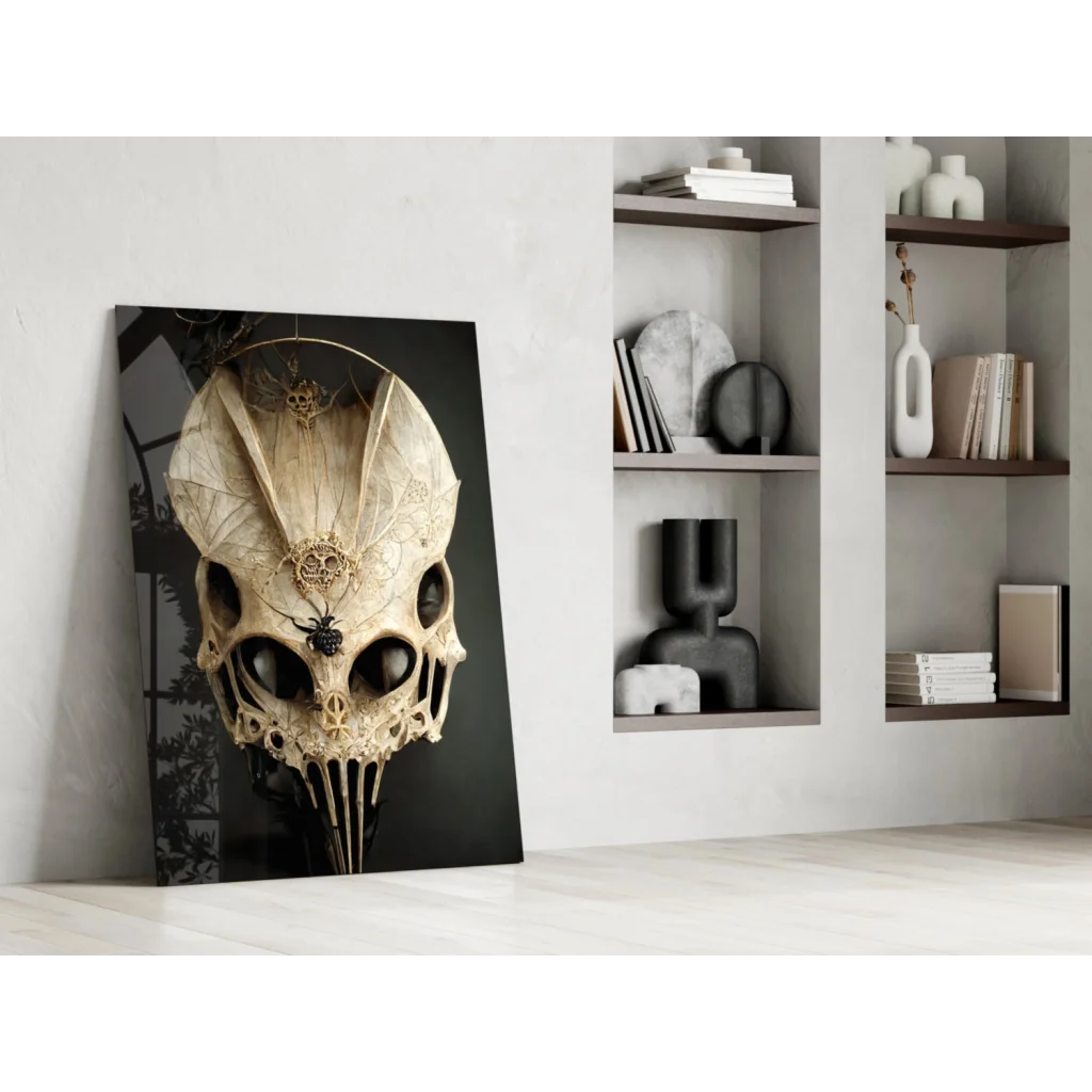 Stunning cream skull with lace and spider on glass wall art print