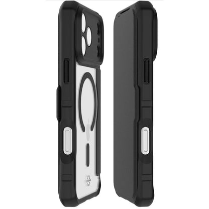 Back of ITSKINS Hybrid R Folio protective phone case with black frame, clear panel, MagSafe ring, OtterBox logo