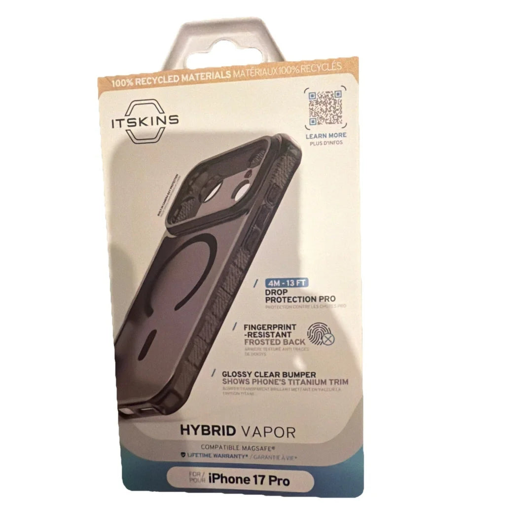 Itskins black hybrid vapor phone case for iPhone 17 Pro back with frosted back, glossy bumper, raised edges, drop protection