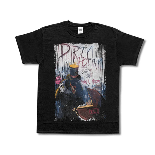 Black moody’s dirty poetry graphic tee with colorful gritty cover art
