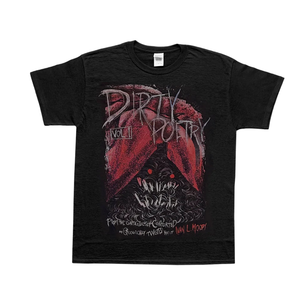 Black T-shirt with red and black graphic print from Ivan L Moody’s Dirty Poetry collection