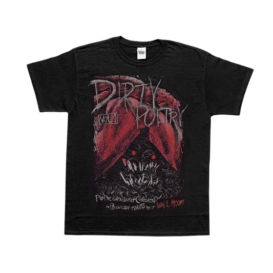 Black T-shirt with red and black graphic print from Ivan L Moody’s Dirty Poetry collection