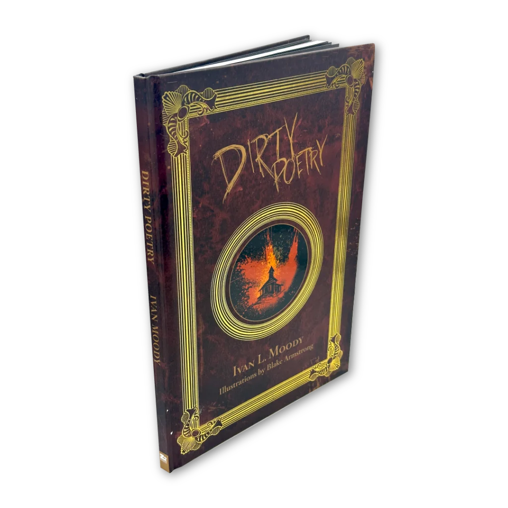 Dark red Ivan Moody Dirty Poetry hardcover with gold accents and central illustration