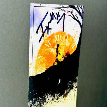 Abstract bookmark with a person walking towards a clock face for Ivan Moody Dirty Poetry