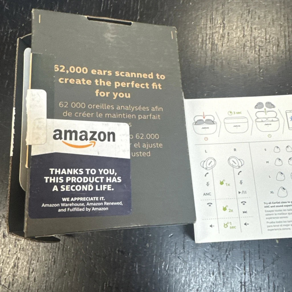 Black Amazon box for Jabra Elite 10 Titanium Black refurbished earbuds with 62000 ears scanned text
