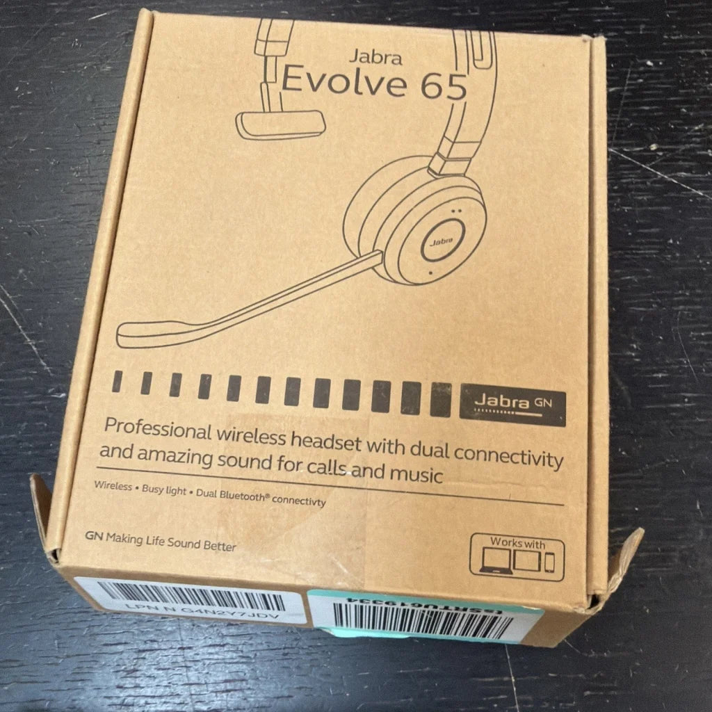 Jabra Evolve 65 SE mono wireless headset in brown box with noise cancelling mic
