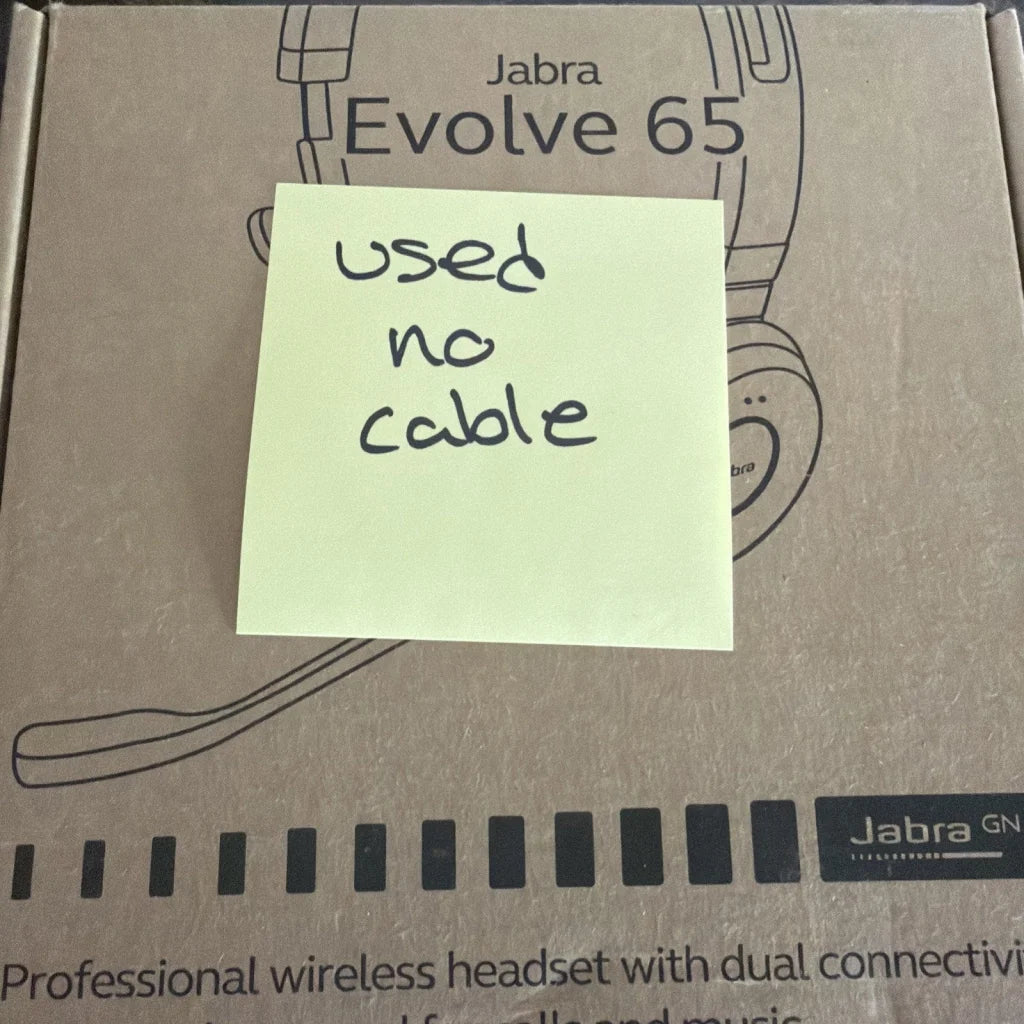 Jabra Evolve 65 SE mono wireless headset box used with yellow note cable-free