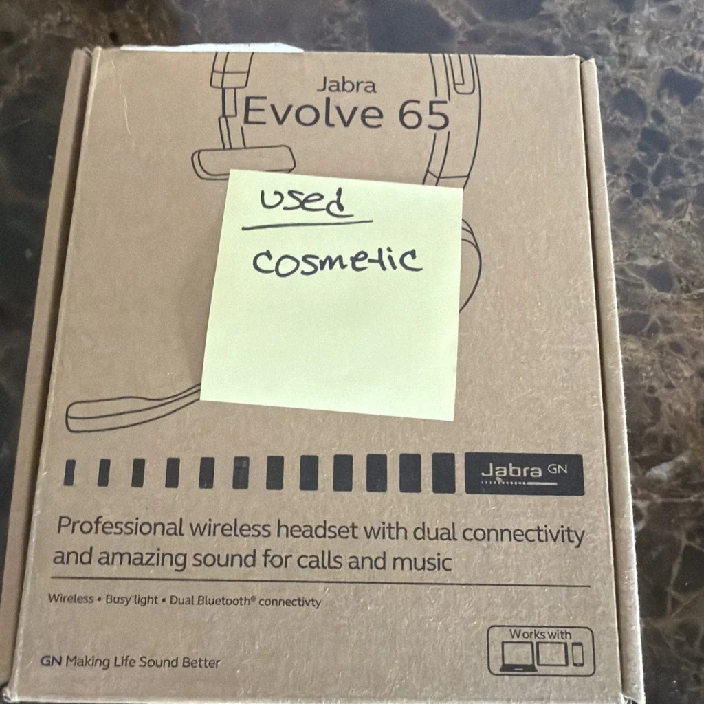 Jabra Evolve 65 mono wireless headset box with used cosmetic note
