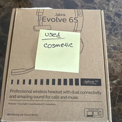 Jabra Evolve 65 mono wireless headset box with used cosmetic note