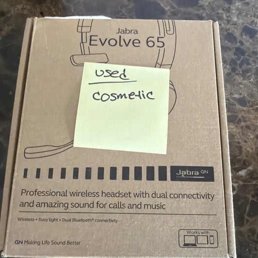 Jabra Evolve 65 mono wireless headset box with used cosmetic note