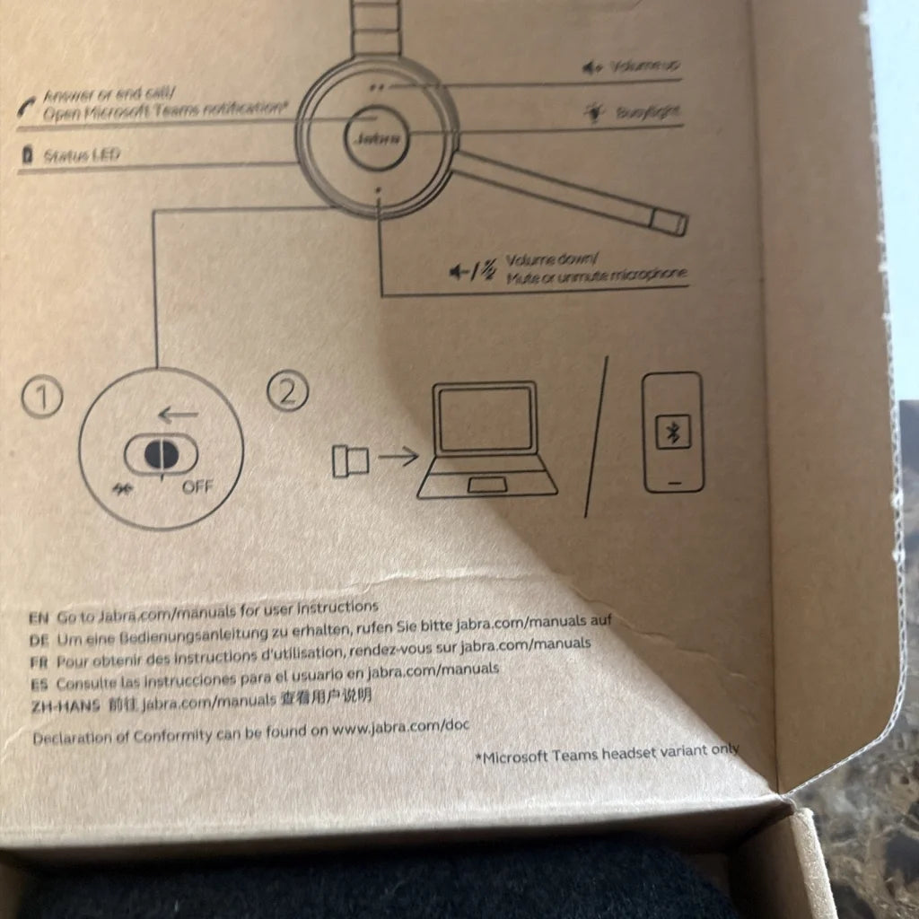 Jabra Evolve 65 SE mono wireless headset control panel diagram