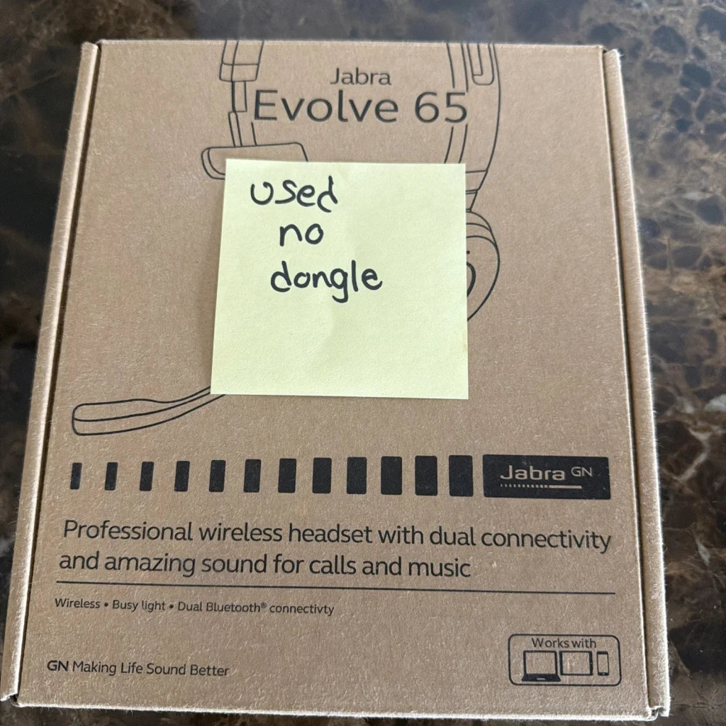 Jabra Evolve 65 mono wireless headset box with yellow sticky note
