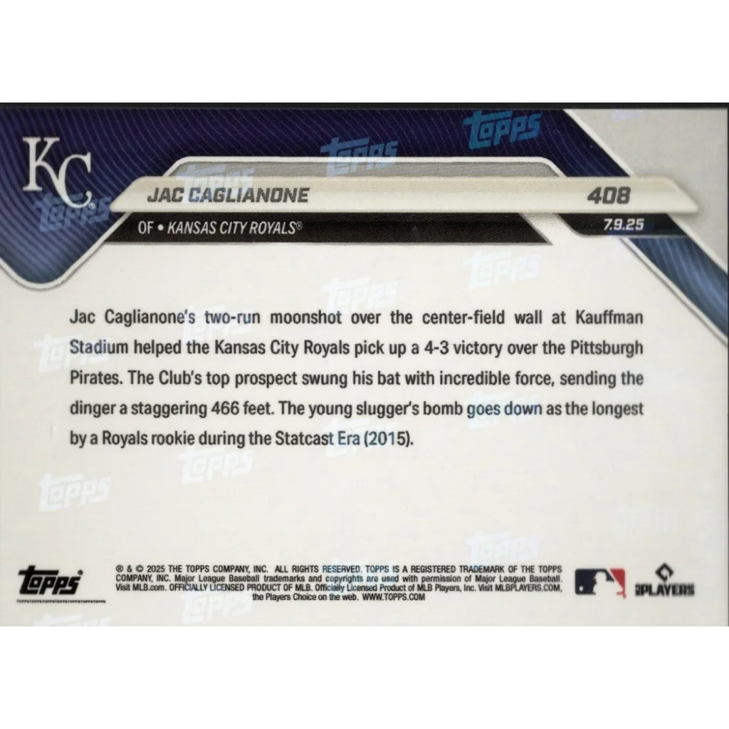 Back of Jac Caglianone Kansas City Royals baseball card showing his two-run moonshot and Topps info