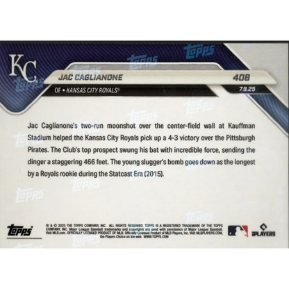 Back of Jac Caglianone Kansas City Royals baseball card showing his two-run moonshot and Topps info