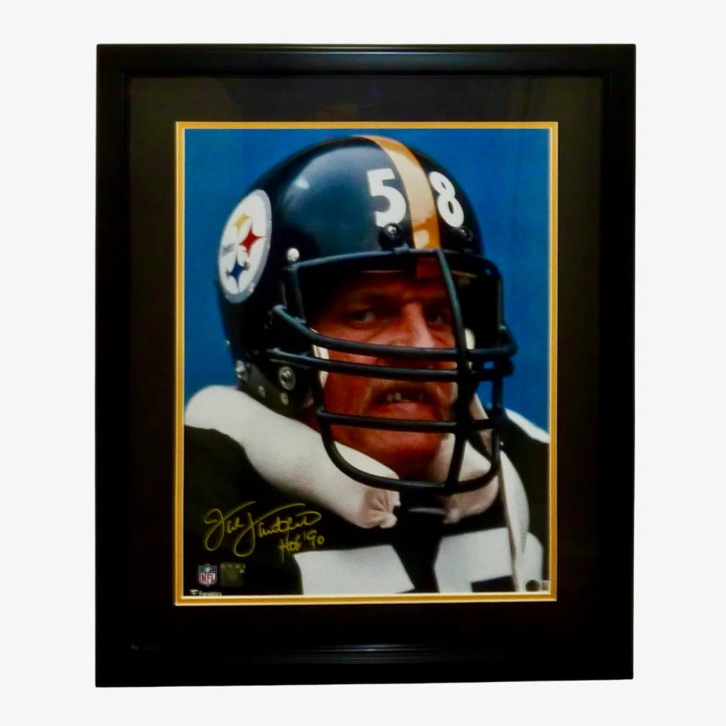 Jack Lambert autographed Pittsburgh Steelers helmet photo with HOF 90