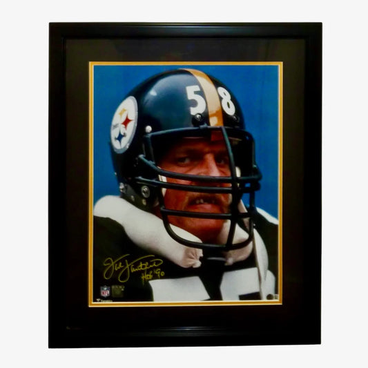 Jack Lambert autographed Pittsburgh Steelers helmet photo with HOF 90