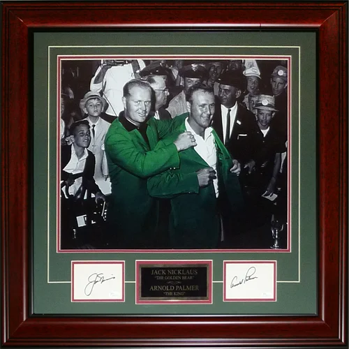Framed Jack Nicklaus and Arnold Palmer autographed Masters green jackets 16x20