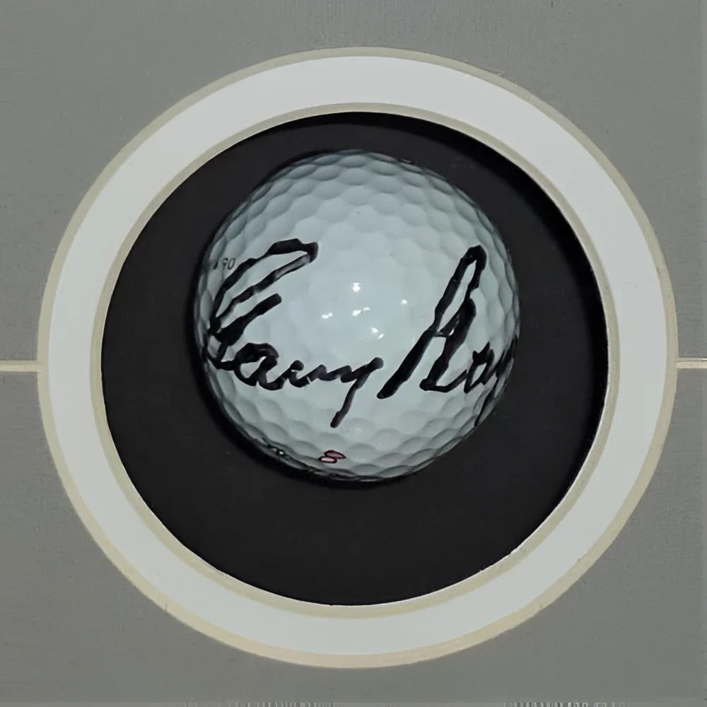 Autographed golf ball by Jack Nicklaus, Arnold Palmer, Gary Player in shadowbox