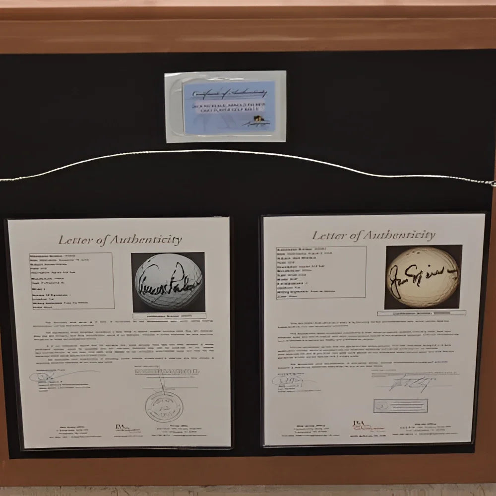 Jack Nicklaus, Arnold Palmer, Gary Player autographed golf ball shadowbox frame with JSA certificates