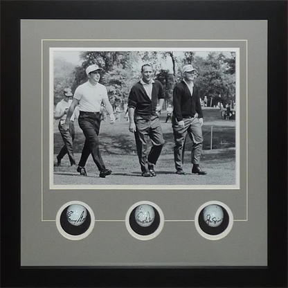 Jack Nicklaus, Arnold Palmer and Gary Player signed golf ball shadowbox frame