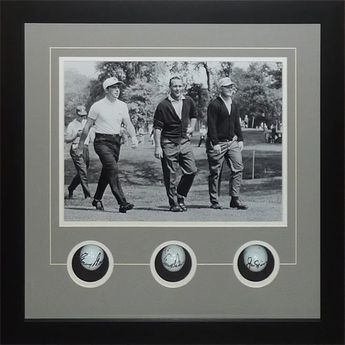 Jack Nicklaus, Arnold Palmer and Gary Player signed golf ball shadowbox frame