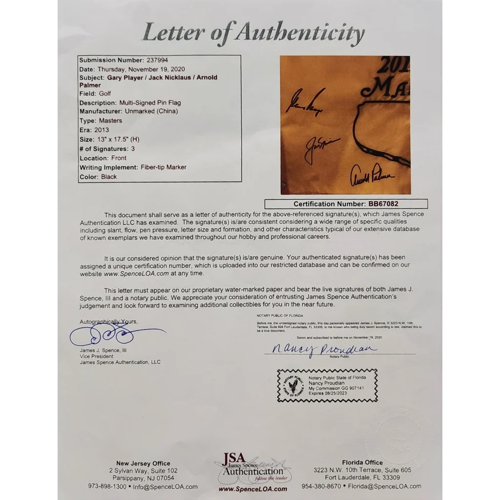 Jack Nicklaus, Arnold Palmer and Gary Player autographed Masters golf pin flag with JSA letter